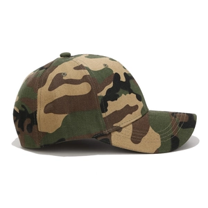 Side view of a durable woodland camouflage baseball cap with adjustable strap and curved brim
