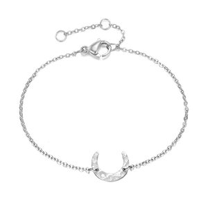 Minimalist silver crescent moon pendant bracelet with adjustable extension chain and clasp