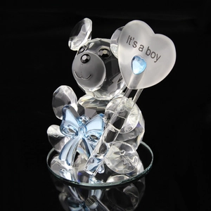 Adorable crystal bear figurine with blue bow and It's a Boy heart sign for baby shower