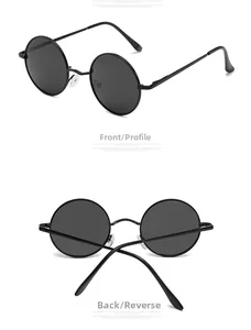 Detail view of round polarize sunglasses showing the black metal frame and dark grey lenses