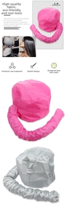 Detail of portable hair dryer bonnet with drawstring and stretchable air hose