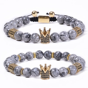 Natural Map Stone Crown Bracelet Copper Micro Paved Zircon Beaded Adjustable Rope Jewelry For Couples