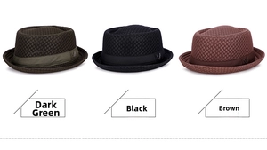 Three colors of breathable hollow-weave pork pie hats with stylish metal V-logo detail