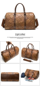 Detailed views of light coffee travel bag with classic quilted texture and shoulder strap