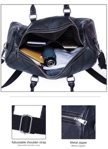 Internal view of a black quilted leather travel bag showing spacious capacity and pockets