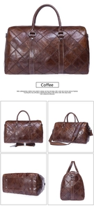 Detailed views of coffee leather travel bag with quilted stitching and silver hardware