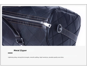 Close-up of durable silver metal zipper and quilted leather texture on travel bag