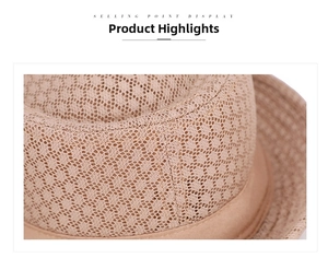 Close-up of honeycomb hollow weave texture and neat stitching on beige fedora hat