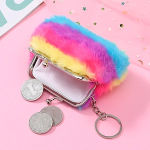 Regenboog pluche portemonnee met metalen kliksluiting en sleutelhanger voor vrouwen