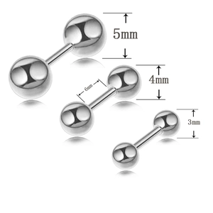 Three sizes of stainless steel barbell stud earrings with 3mm 4mm and 5mm diameter balls