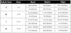 Detailed size chart for women's bikini sets showing S to XL chest and waist measurements