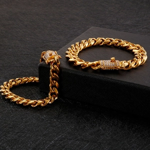 Luxury gold cuban link necklace and bracelet set with micro-pave diamond clasps