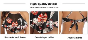 Detail of tropical leaf print bikini top with mesh panel and tiered ruffles decorations