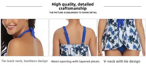 Détails du maillot de bain licou à imprimé palmier bleu avec col en V et liens au dos