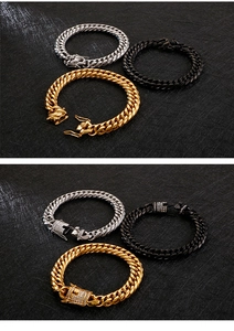 Polished men's curb chain bracelets in silver, gold, and black with stone detail