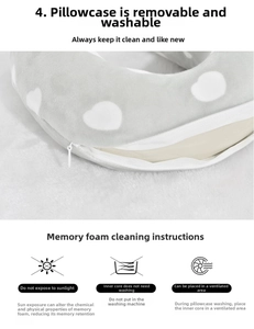 Close-up of gray polka dot neck pillow with hidden zipper and memory foam interior