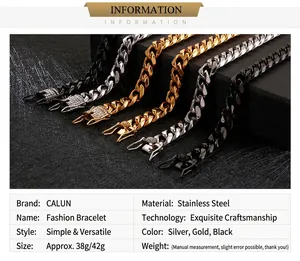Close-up of Cuban chain bracelets in silver, gold, and black stainless steel finish