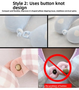 Detail of baby U-shaped memory foam pillow showing secure tie-knot design over buttons