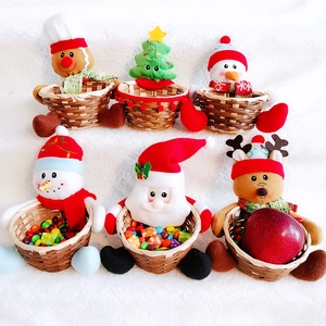 Set of 6 Christmas bamboo candy baskets with plush Santa, snowman and reindeer figures