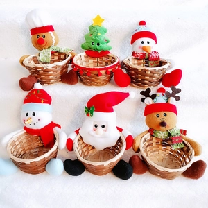 Set of 6 Christmas bamboo candy baskets with plush Santa, Snowman and Reindeer characters