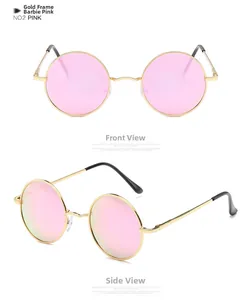 Detail of round gold metal frame sunglasses with pink lenses from front and side views