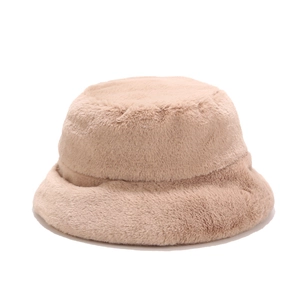 Women's minimalist plush bucket hat in light camel faux fur for winter warmth