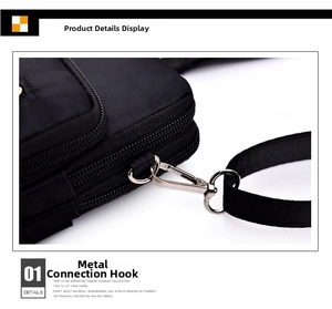 Vue macro détaillée des crochets métalliques et fermetures de la pochette noire téléphone