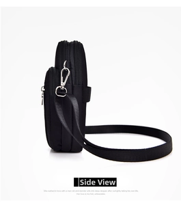 Vue latérale du sac de téléphone en nylon noir multicouche à bandoulière réglable