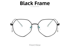 Close-up of black polygonal glasses frames featuring elegant diamond star chain pendants