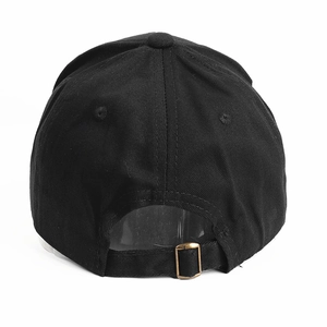 Black cotton baseball cap back view with adjustable strap and vintage metal buckle