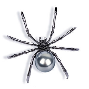 Gothic black spider brooch featuring a large grey pearl and sparkling dark rhinestones