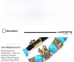 Detail view of 8mm natural turquoise crown bracelet with micro-pave CZ stones