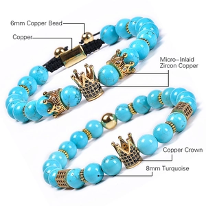 Natural turquoise 8mm beaded bracelet featuring gold-plated copper crown with black CZ stones
