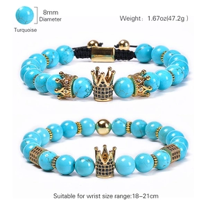 Natural turquoise crown beaded bracelets with 8mm stones and micro-paved black zircon charms