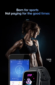 Macro view of Y68 fitness tracker showing step counts and mobile app data synchronization