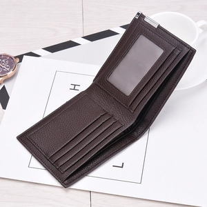 Men's dark brown bifold wallet with litchi texture and multiple card slots