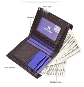 Brown lychee leather bifold wallet detail showing card slots and transparent photo window