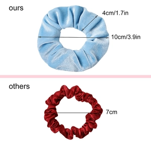 Size comparison between 10cm velvet hair scrunchie and 7cm satin hair tie on white background