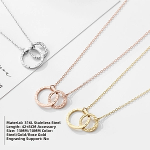 Detailed view of hammered 316L stainless steel double circle pendants in three colors