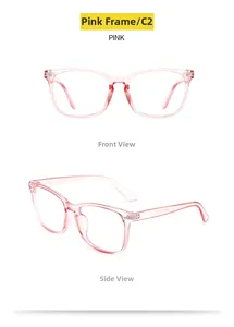 Close-up of transparent pink full-frame blue light blocking glasses with metal hinges