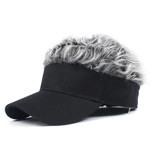 Detail of creative visor hat featuring realistic grey curly wig hair on black canvas cap