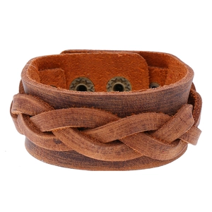 Woven Bracelet Genuine Cowhide Leather Wide Cuff Adjustable Metal Snap Button Retro Punk Ethnic Jewelry For Men