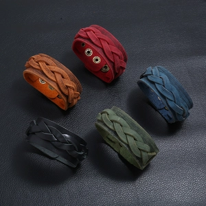 Vintage woven leather bracelets for men with metal snaps in five assorted colors