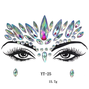 Detail shot of iridescent face jewels set in a crown pattern for masquerade makeup