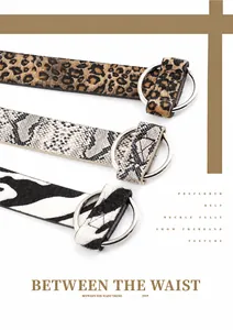 Detail of leopard snake and zebra animal print belts with silver double ring buckles