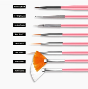 Detail view of 8 professional nail art brushes with pink handles and various bristle tips