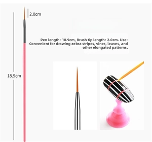 Detail of pink professional nail liner brush with long orange bristles and measurements