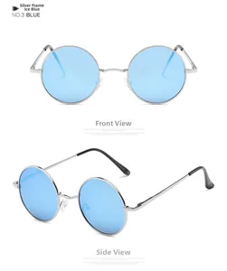 Detailed front and 45-degree angle views of retro round silver metal polarized sunglasses