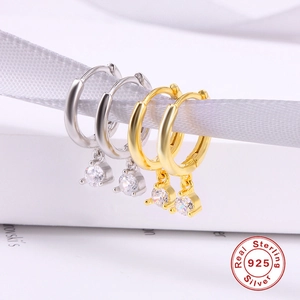 Elegant S925 sterling silver hoop earrings with dangling zircon stones in gold and silver