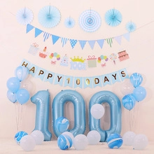 Blue and white 100 days party decoration set with foil balloons and festive banners